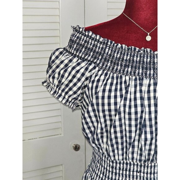 Chelsea & Theodore Women's Blue & White Gingham Off-Shoulder Dress Size M 088 - Picture 6 of 11